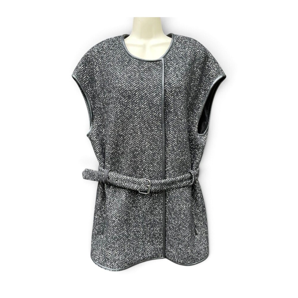 Preppy Tory Burch Senal Wool Tweed Vest Black Gray Herringbone Leather Trim L
